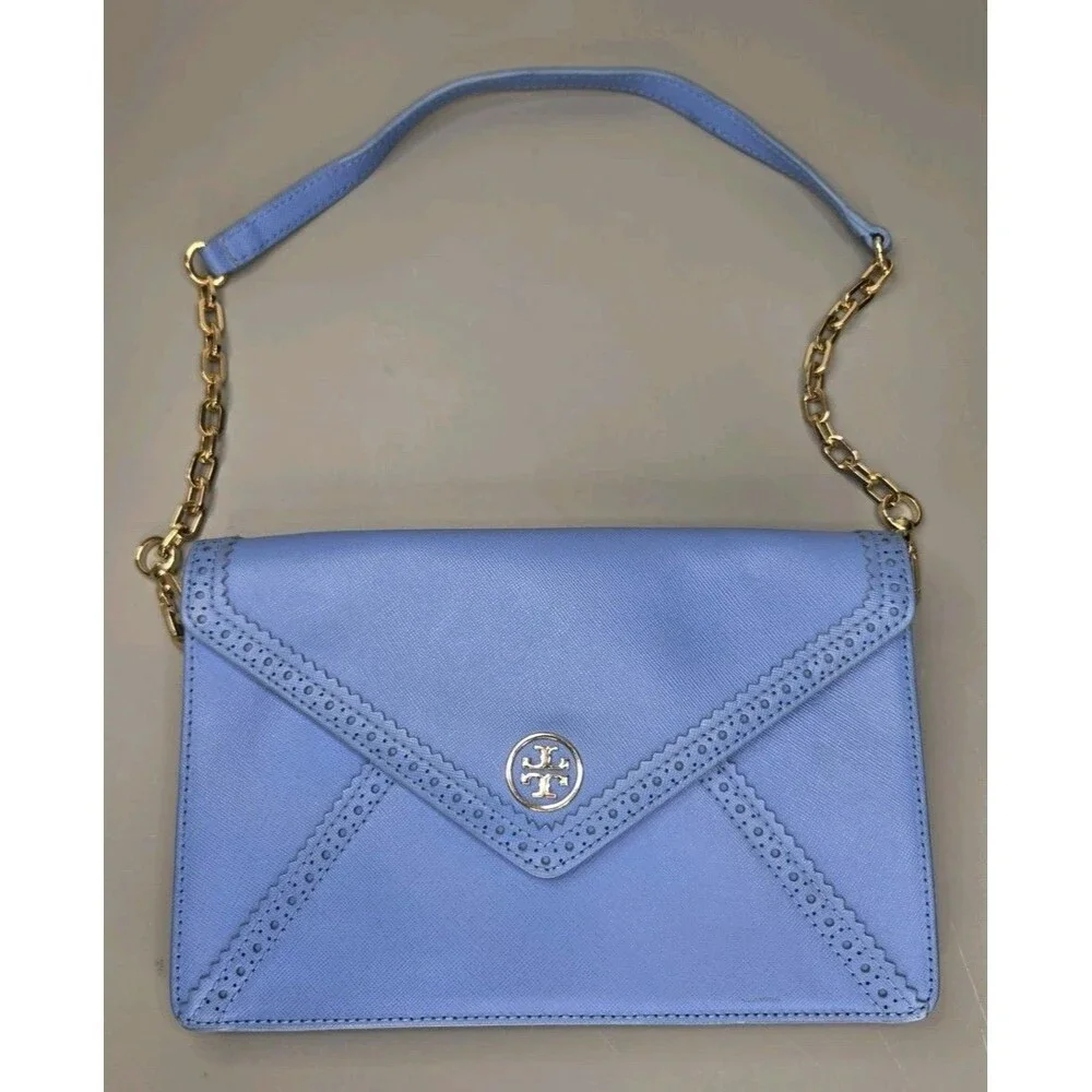 Tory Burch Envelope Clutch Crossbody Chain Purse Handbag Periwinkle Blue